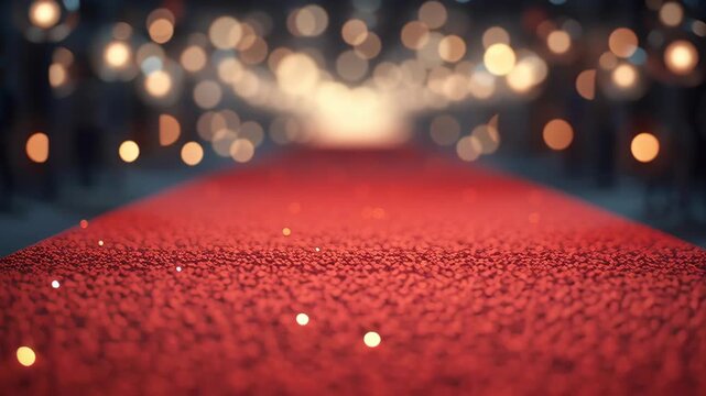 Guided walk on a red carpet with lights at a formal event in the evening at a city venue