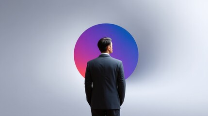Obraz premium Businessman in Suit Staring at Abstract Colorful Circle Design on Minimalist Background for Vision and Innovation Concept