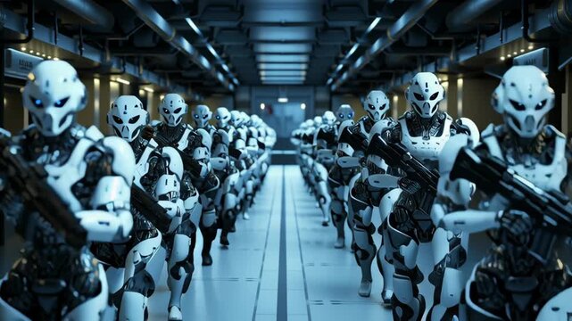 Robots march in formation through a dark factory with advanced tools in hand at night