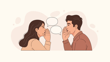 Fototapeta premium A woman and a man whispering secrets to each other with speech bubbles above their heads.