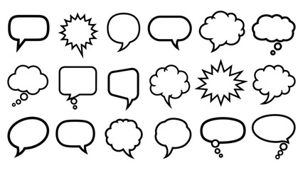 A collection of various black and white speech and thought bubbles in different shapes and styles.
