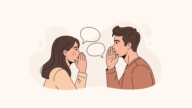 Two people whispering secrets to each other with speech bubbles above their heads.