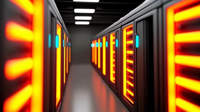 Data Center Servers: A meticulously aligned array of server racks illuminated by an alluring blend of cool and warm light, set within the interior of a cutting-edge data center. 