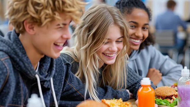 Friends enjoy lunch together at school cafeteria while sharing laughs and stories during a casual day