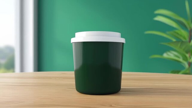 Green Coffee Mug on Wooden Table: A sleek, forest green coffee mug with a white lid sits gracefully on a wooden table, with hints of greenery, offering a touch of serenity.