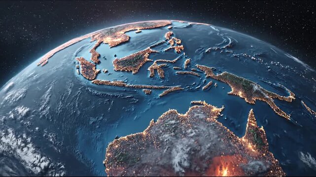 A digital rendering of planet Earth, emphasizing the regions of Asia and Australia at night