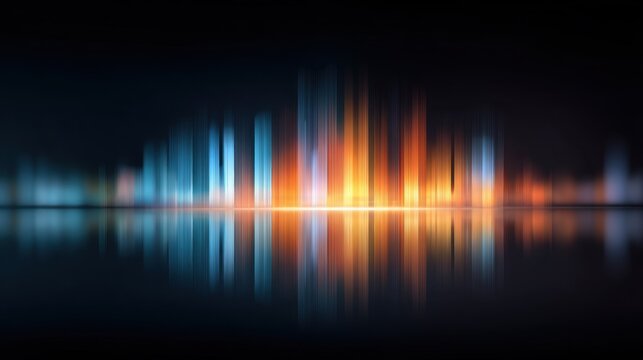 Abstract colorful sound wave on a dark background with blurred lines and reflections, creating a dynamic and modern visual effect