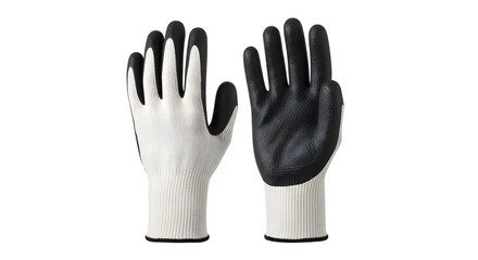 Obraz premium Pair of protective work gloves featuring durable black nitrile dipped palms and breathable white knit backs displayed against a clean white background for industrial use