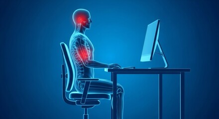 Figure with poor computer desk posture suitable for illustrating workplace ergonomics, ergonomics guides, and office health presentations.