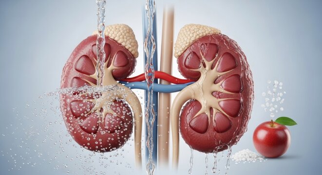 Two kidneys beside water and an apple for kidney health promotion. Suitable for medical, health, nutrition, and wellness content.