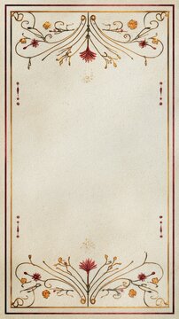 Slender hand drawn style border of arching stems, tiny berries and stylized red flowers framing an ivory page with generous blank space for text.