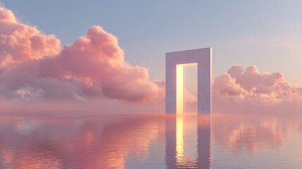 Surreal glowing doorway floating above calm water and clouds, symbolizing opportunity and new beginnings. Soft pastel light, dreamlike realism, and clean copy space heaven mystical arch gateway