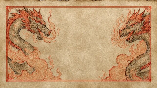 Fire breathing dragon border hand drawn on parchment paper with large center copy space medieval manuscript fantasy mystical mythical creature background ancient book legend