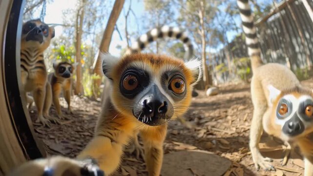 Lemurs explore their habitat and interact with the camera in a forest setting, capturing playful moments