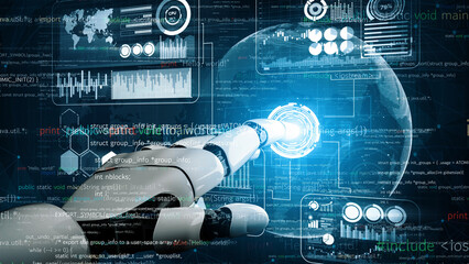 A robotic hand reaches out towards a glowing holographic globe, surrounded by abstract digital data and programming code, representing advanced technology and innovation. Xenic