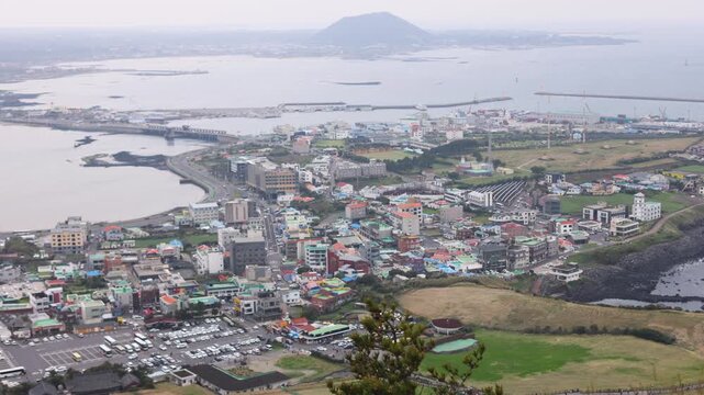 Jeju-do, Seongsan Ilchulbong  landscape, volcanic tuff cone, Sunrise peak, Jeju Island, South Korea, Seongsan-ri, Seogwipo, Jeju Province landscape view in a sunny day, with sea, cliffs hiking trail