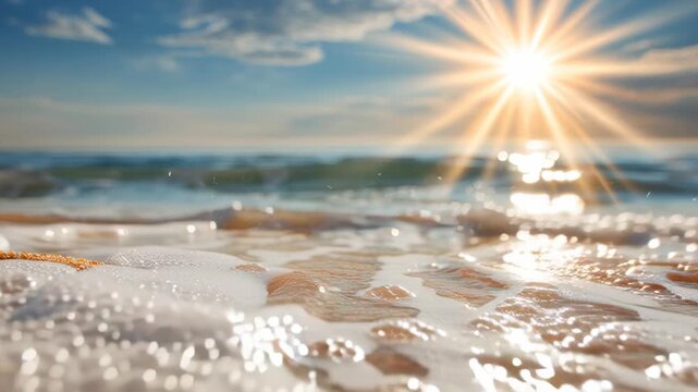 Clear water washes over sand during bright day at beach with sun shining above creating reflections and patterns on surface