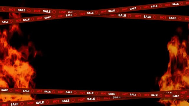 Animated hot sale text on moving tapes with realistic fire flames on black background in a seamless loop.