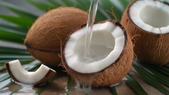 Fresh coconuts with water being poured into a halved coconut, showcasing the refreshing tropical fruit.