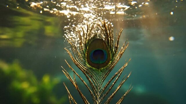 Underwater peacock feather with sunlight reflection on water surface.