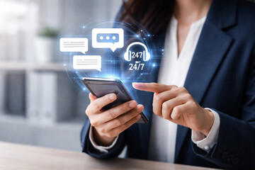 AI generated businesswoman using smartphone with holographic chat icons for customer support 24 7 service omnichannel communication fintech and digital business technology