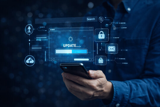 AI generated user holding smartphone with hologram update interface cloud icons cybersecurity data sync digital infrastructure system maintenance - Powered by Adobe