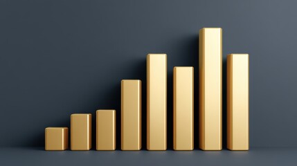 Golden bar graph showing ascending growth levels on a dark background, representing success and progress in financial analytics and data visualization concepts.