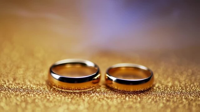 Beautiful golden wedding rings, a symbol of love and commitment resting on a shimmering gold surface, ready for your creative design needs