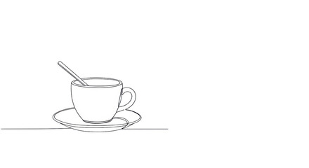 Fototapeta premium A minimalist continuous black line art of a white ceramic coffee cup, saucer, and metallic teaspoon on a bright white void with copy space, concept for beverage branding