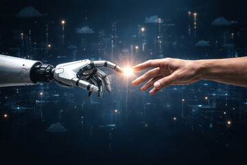 AI generated futuristic technology with human hand and robotic hand touching light point symbolizing human AI collaboration innovation digital transformation and future robotics