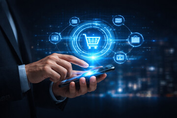 AI generated businessman using smartphone with holographic shopping cart and ecommerce icons for online retail payments and delivery. Modern digital commerce concept for fintech and mobile business.