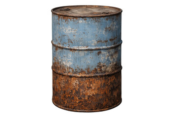 Naklejka premium Rusty blue metal drum showing corrosion and age, symbolizing industrial waste and pollution, isolated on transparent background