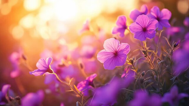 Flowers bloom in sunlight during morning in a garden showing colors and shapes of nature at its best