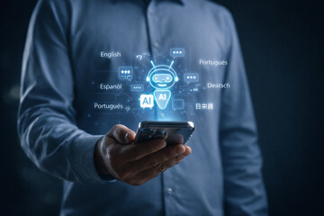 AI generated man holding smartphone with holographic AI assistant and multilingual chat icons representing language translation global communication and digital innovation.