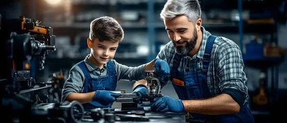 Father and son working on a car in a garage.
