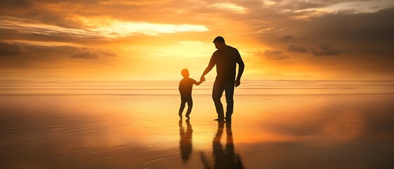 Father and son playing on the beach at sunset.