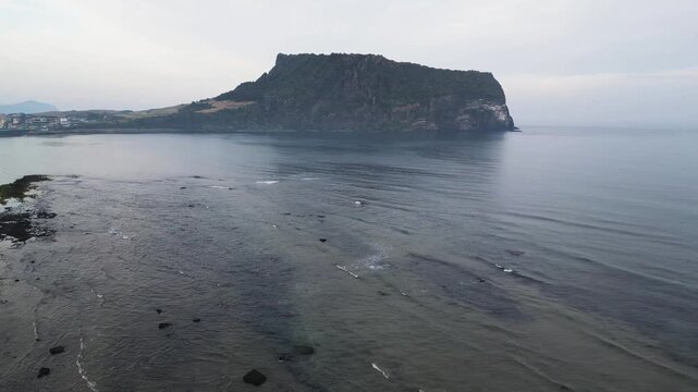 Jeju-do, Seongsan Ilchulbong  landscape, volcanic tuff cone, Sunrise peak, Jeju Island, South Korea, Seongsan-ri, Seogwipo, Jeju Province landscape view in a sunny day, with sea, aerial drone view