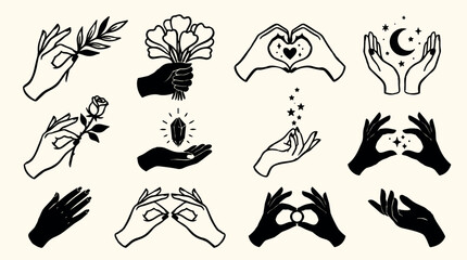Obraz premium Tattoo flash hand gestures holding flowers crystals moon hearts various symbolic icons in black and white minimal line art set
