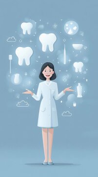 Female Dentist Presenting Dental Care Icons Flat Illustration