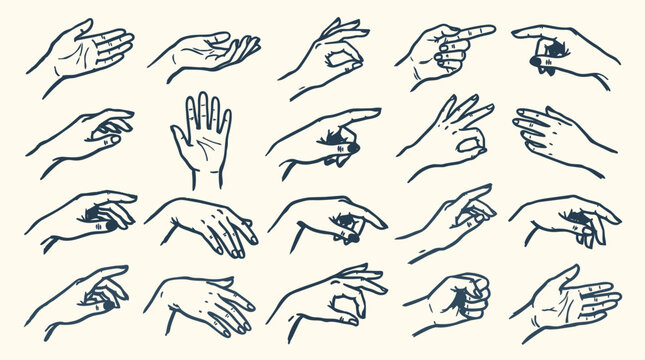 Line art vintage ink sketch hand gesture study sheet showing twenty expressive hands in varied poses close up front three quarter