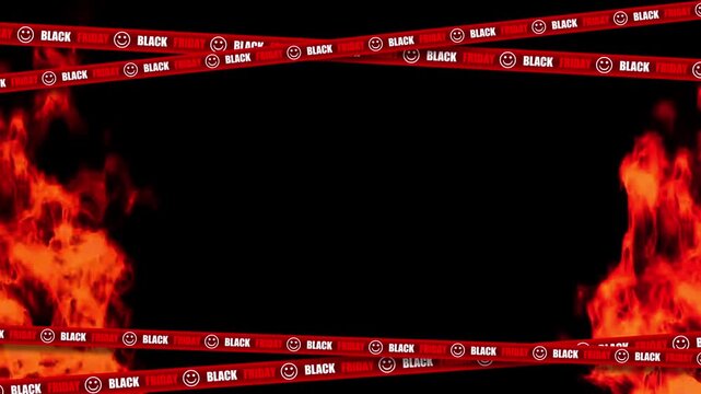 Black Friday text on red moving curved ribbons with fire background in a seamless infinite loop for social media ads.