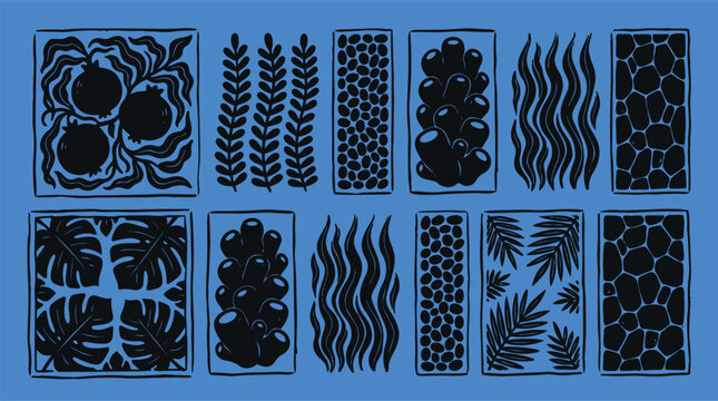 Linocut style close up botanical tile patterns in black silhouettes on blue background, top down grid layout, decorative texture handmade carved look