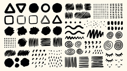 Fototapeta premium Hand drawn brush stroke vector sheet with assorted ink shapes dots lines swirls eyelashes close up landscape playful black cream texture