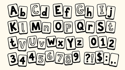 Whimsical kids doodle alphabet tiles hand drawn upper and lowercase letters and numbers in playful stamped layout with ink outline
