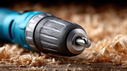 Extreme close-up of the ergonomic grip of a cordless drill, shallow depth of field, against a blurred background of wood shavings