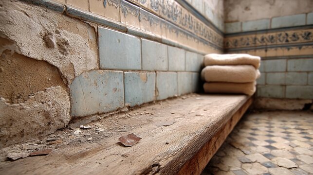 An old bathroom with tiles smashed and removed, exposing lath and plaster, gritty realism