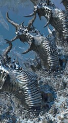 transfers. Metallic fractal creatures consuming each other in a cybernetic ecosystem with visible energy transfers. product launch decks.
