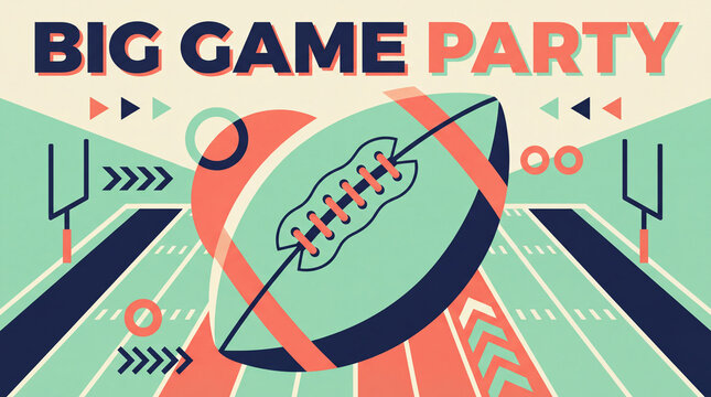 Big Game Party flat illustration poster with large football field lines goal posts geometric design for sports event marketing magazine editorial social media