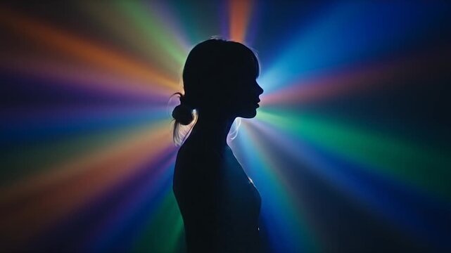 Female silhouette against vibrant rainbow light burst depicting spiritual meditation, consciousness expansion or psychedelic trance transcendence journey experience