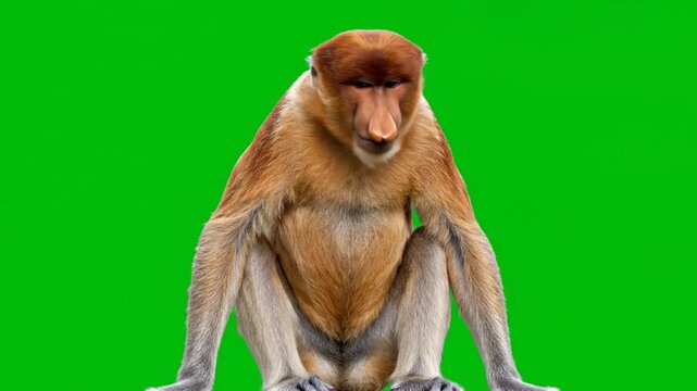 Proboscis Monkey Sitting on a Green Screen Background.